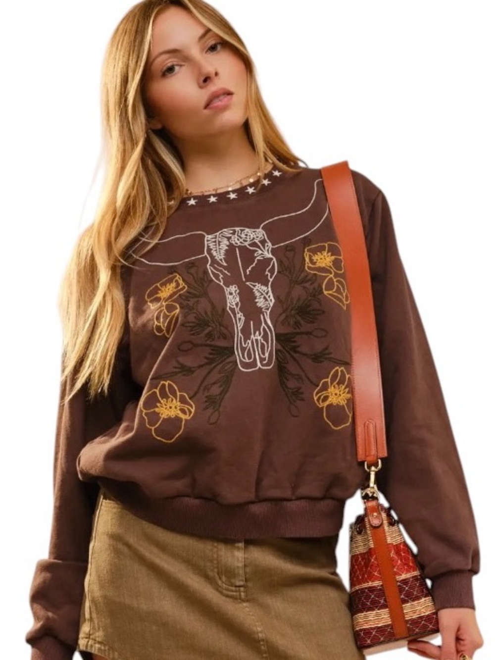 NEW blue b Brown Longhorn Yellow Flower White Star Embroidered Comfy Sweatshirt